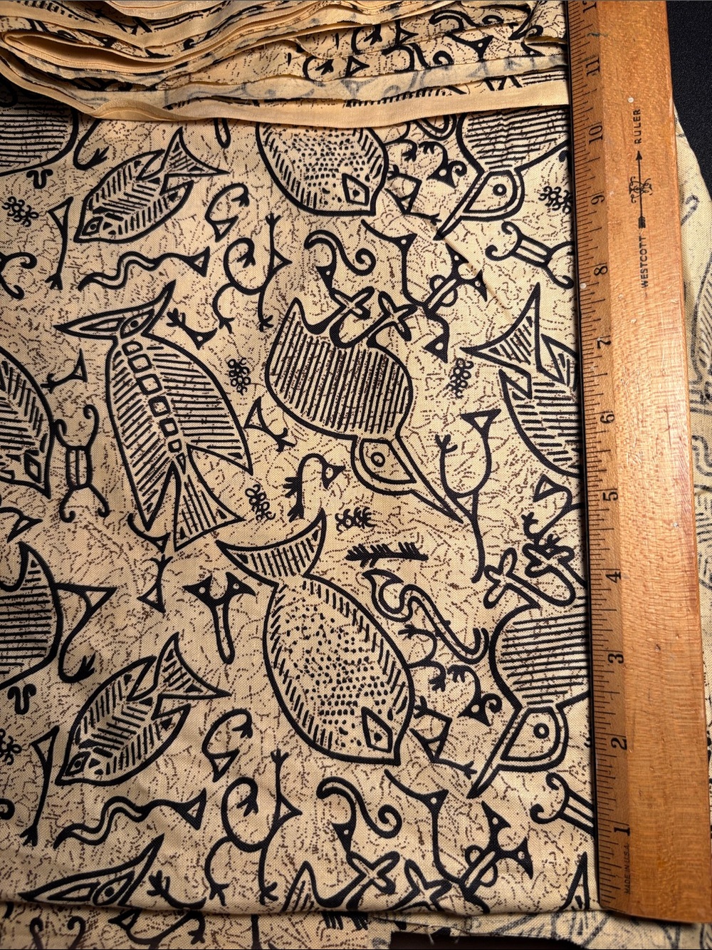 Vintage Petroglyphs Fish Pattern Cotton Fabric Panel in Cream & Black. LL